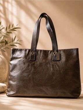 Falor Le Borse Leather Tote Tooled Embossed Brown Purse Bag Made in Italy 16x11